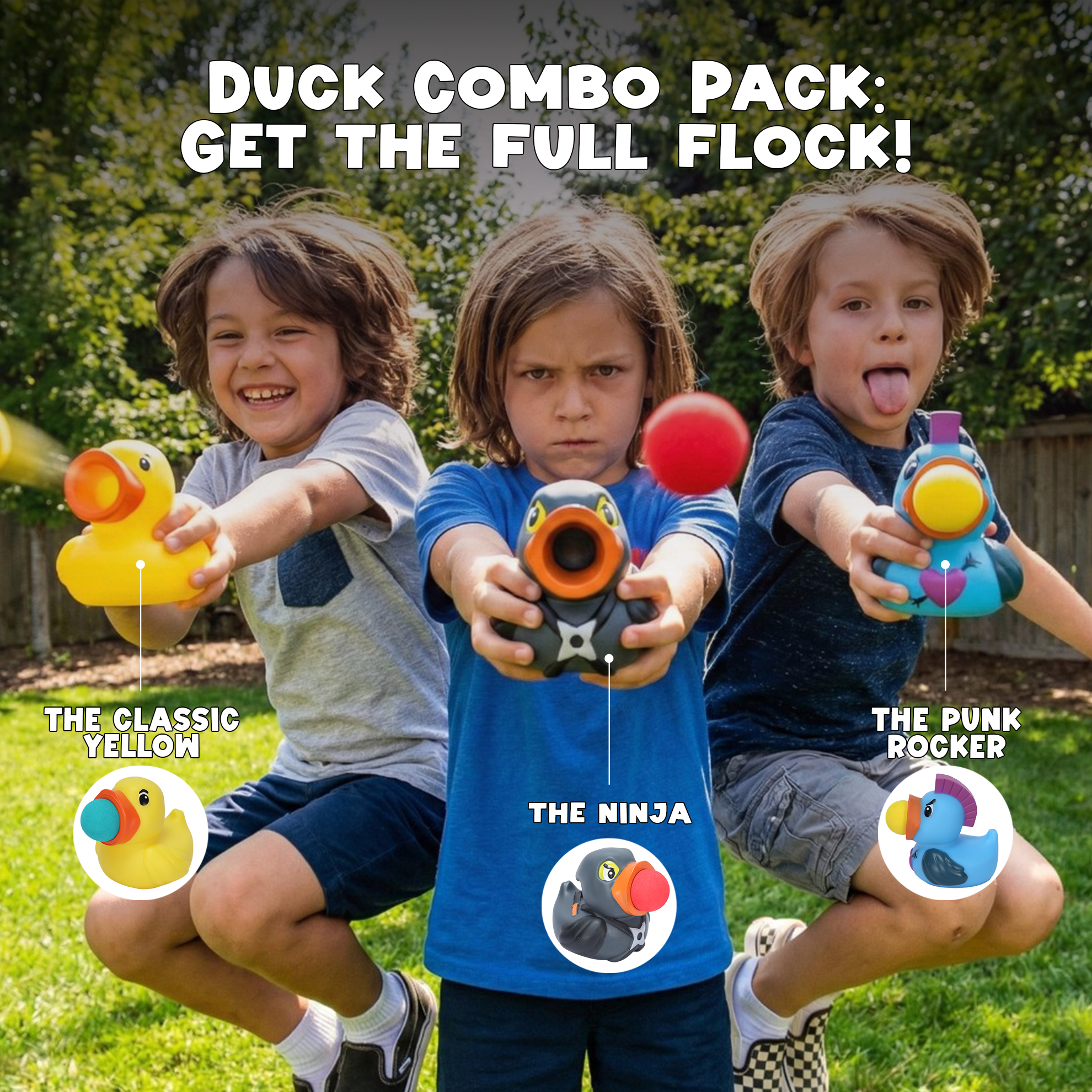 Hog Wild Little Ducky Poppers 3-Pack – Classic, Ninja & Punk with 12 Foam Balls