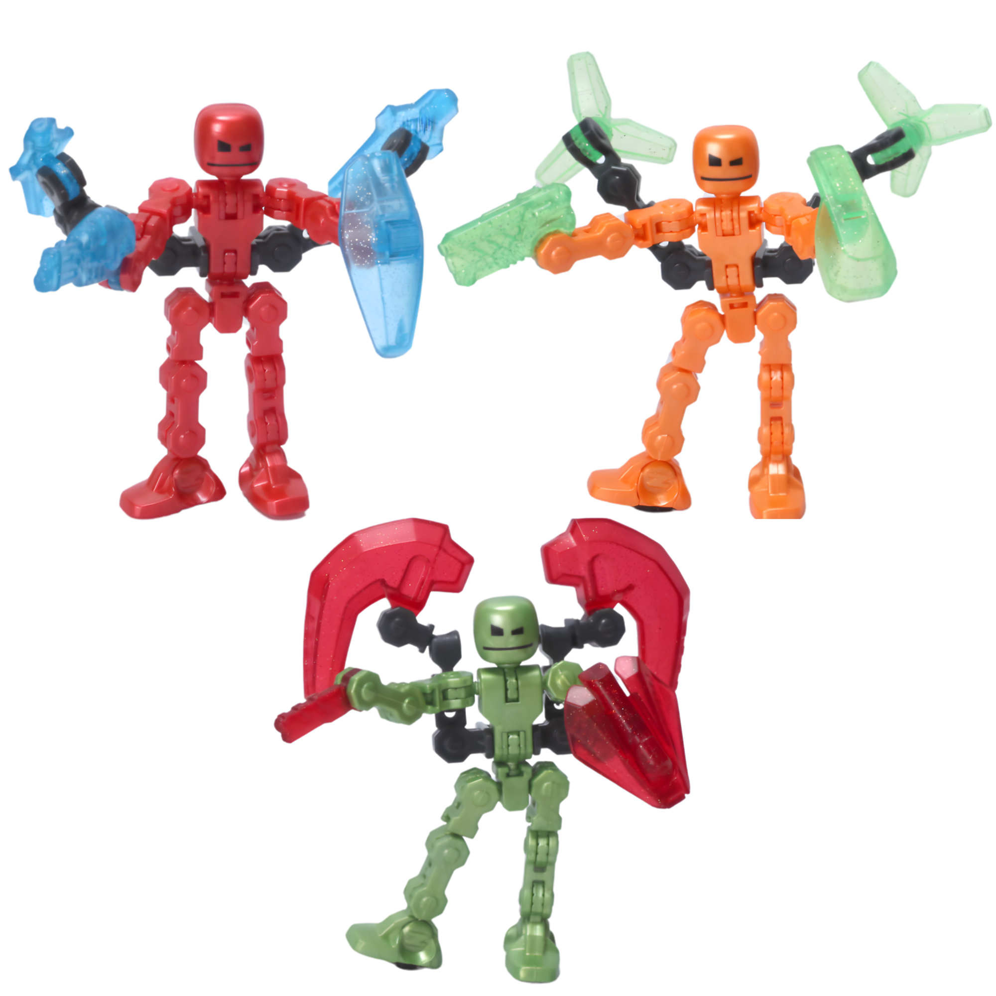 KlikBot Defenders 3-Pack | Action Figure Set with Metallic Colors, Clear Glitter Accessories & Suction Cups | Stop-Motion Animation Toys for Kids