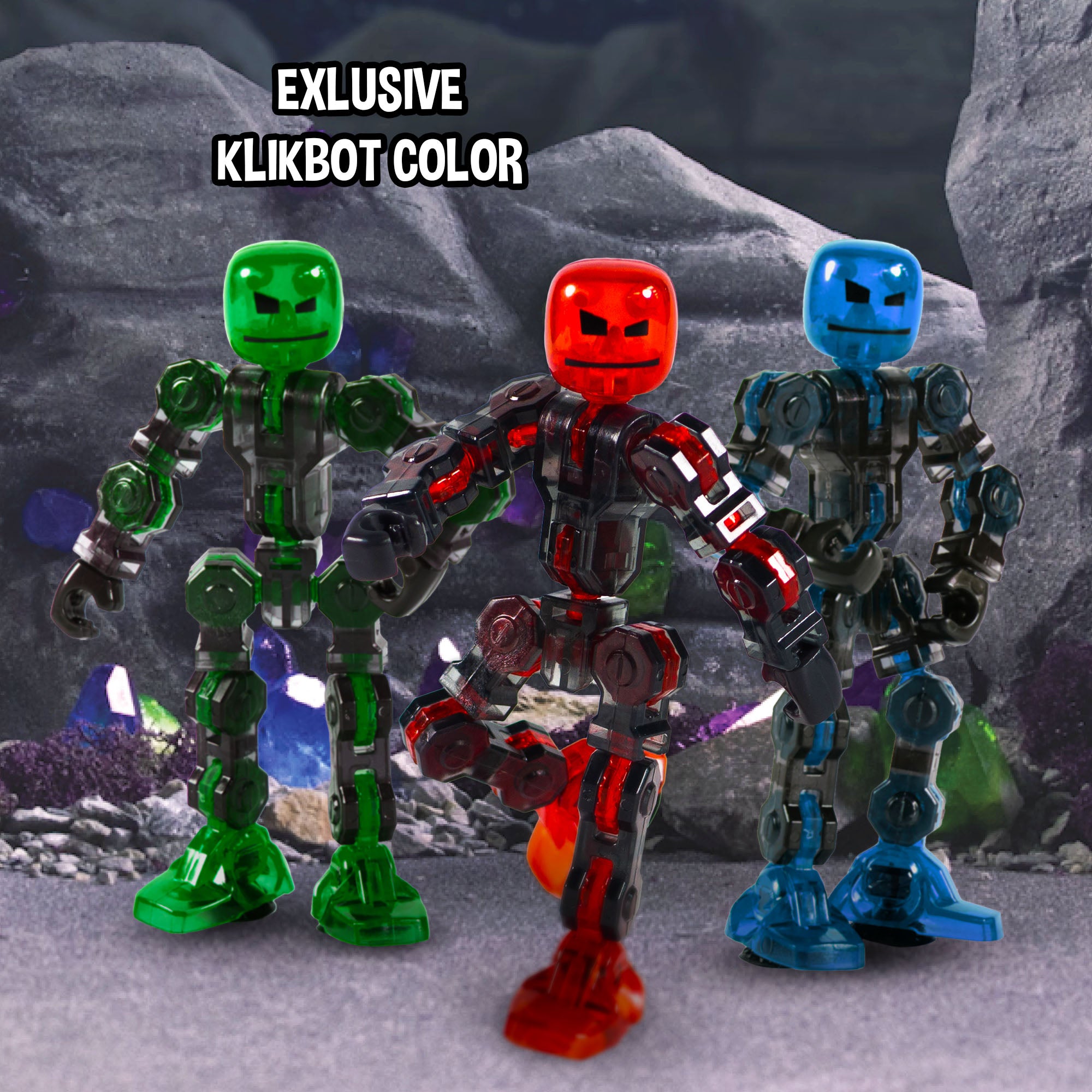Green, red, and blue KlikBot figures in exclusive translucent colors