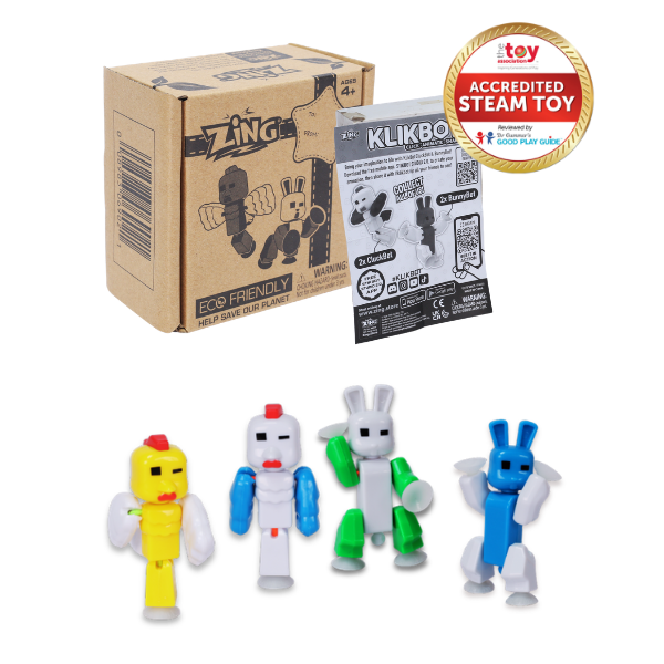 StikBot CluckBot and BunnyBot toy set with packaging, instruction sheet, and four figures