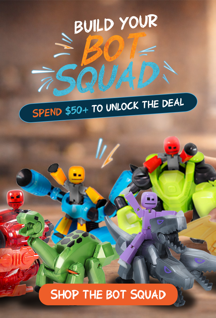 Playful display of colorful robot toys and action figures arranged as a collectible bot squad, promoting building, imaginative play and a shop promotion to unlock deals with purchases over $50.