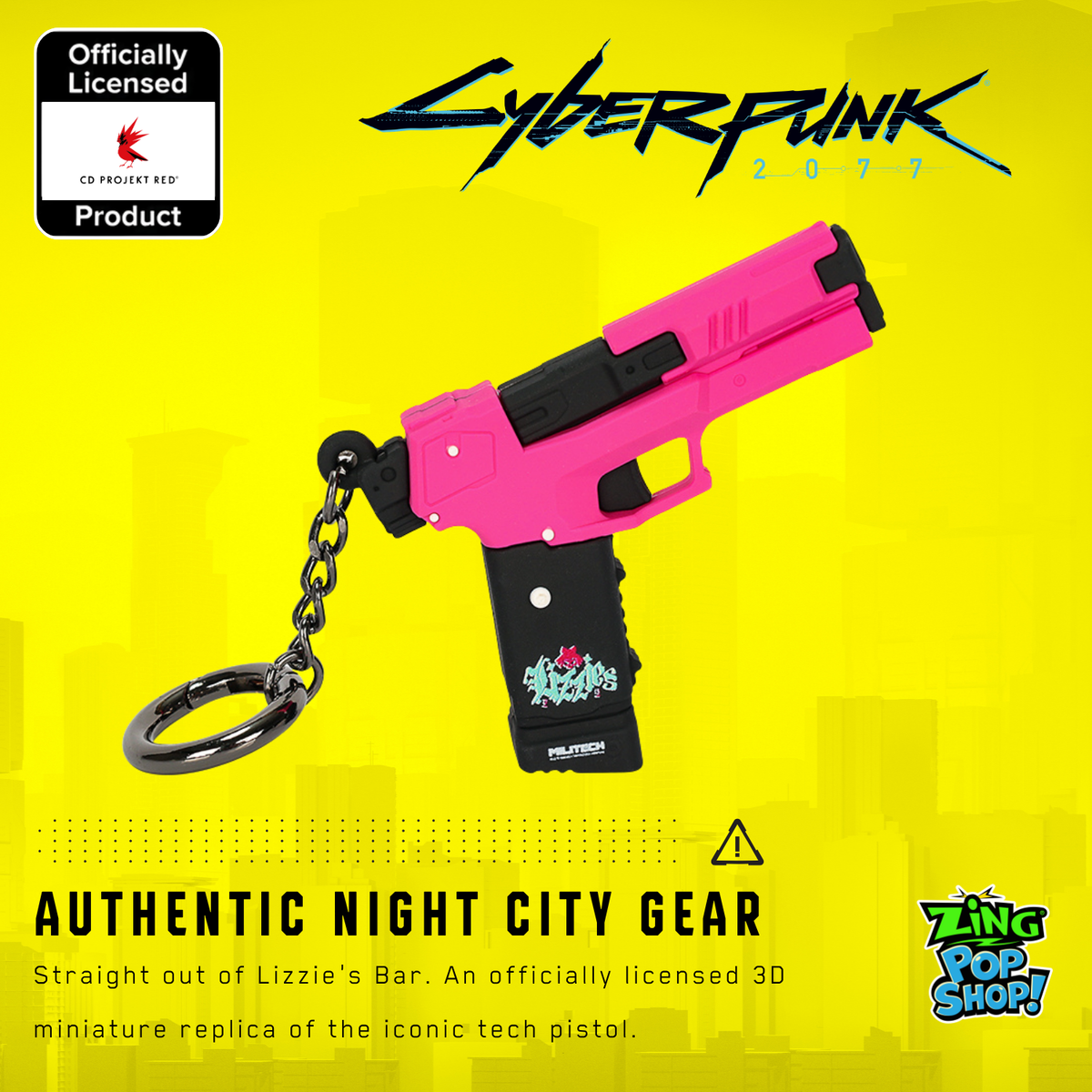 Officially licensed Cyberpunk 2077 Lizzie pistol keychain on yellow Night City graphic