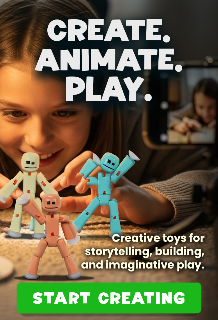 Kids creating stop motion animation with Stikbot toys on a smartphone tripod