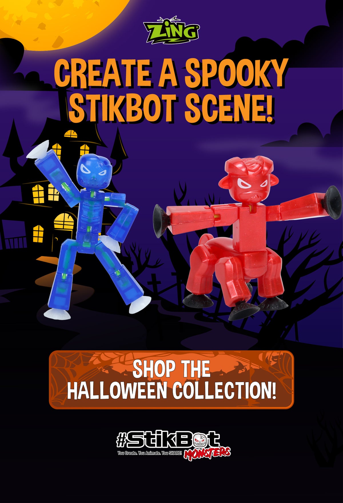 StikBot Monsters Grim and Kyron in a spooky Halloween scene with Shop the Halloween Collection callout.