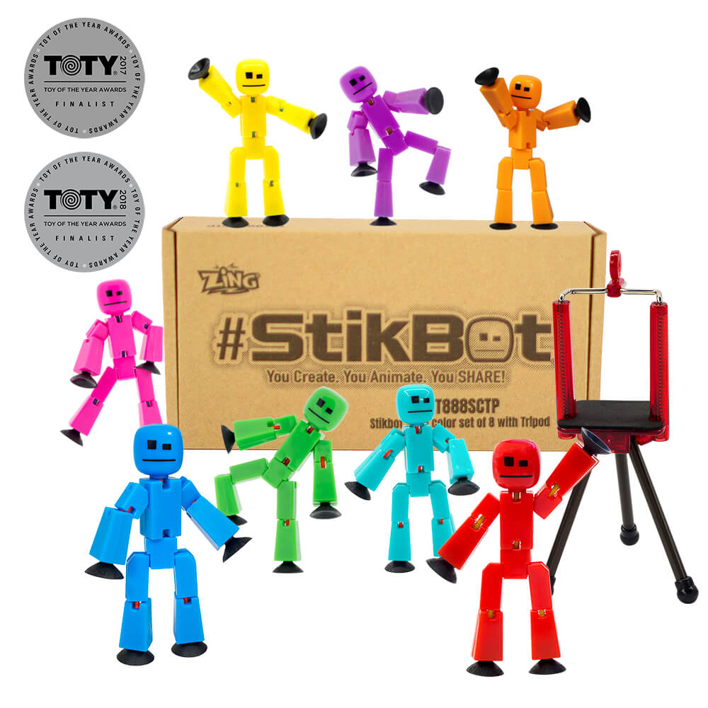 StikBot 8 Solid Colors | Stop Motion Animation Kit + Tripod