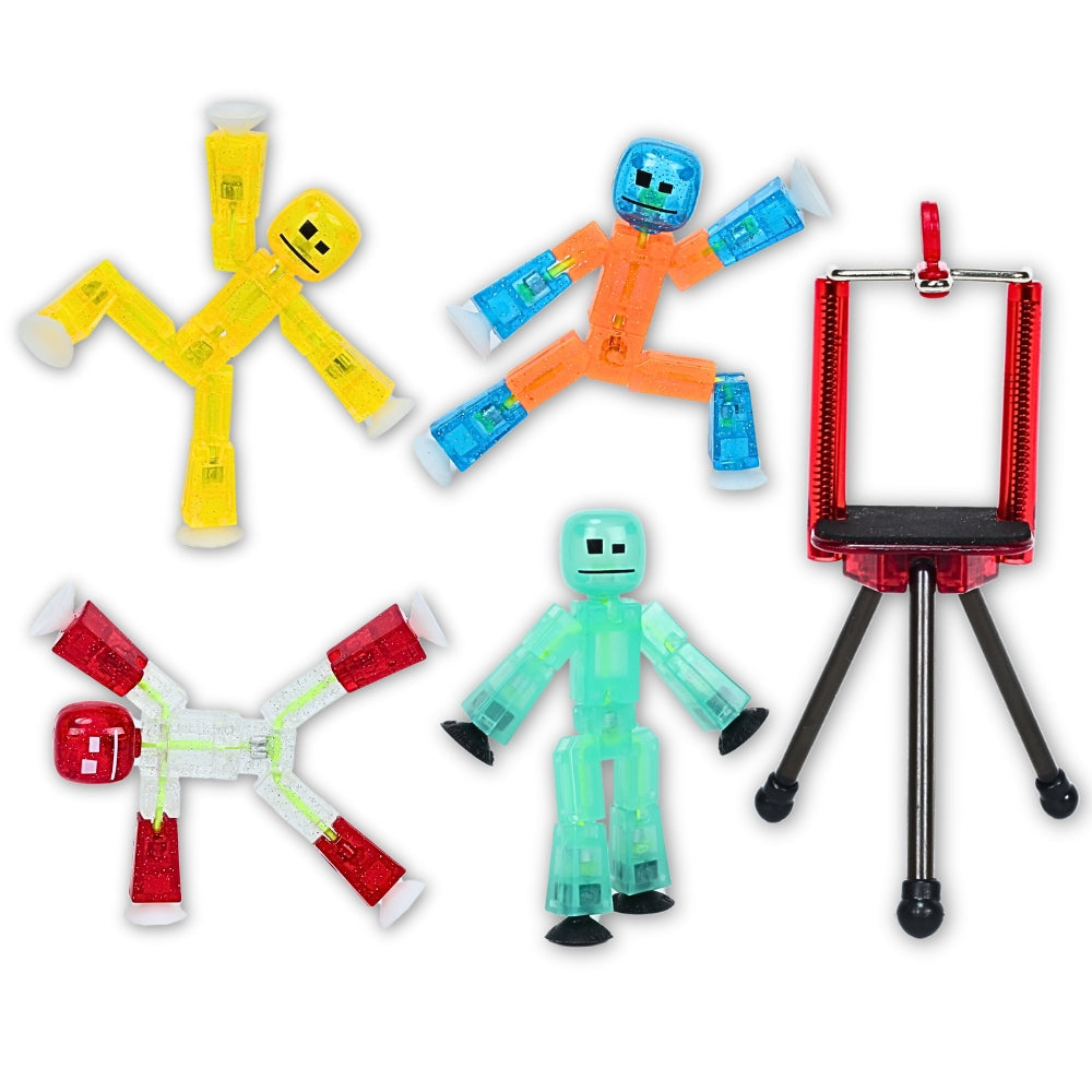 StikBot Sparkle 4 Pack Bundle: Stop Motion Kit + Tripod