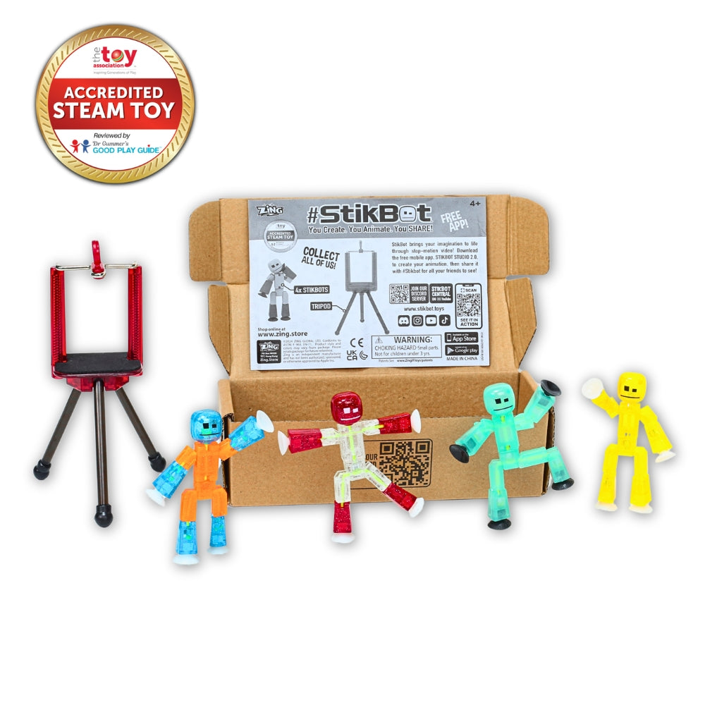 StikBot Sparkle 4 Pack Bundle: Stop Motion Kit + Tripod