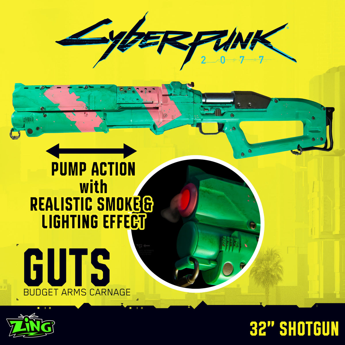 Cyberpunk 2077 GUTS 1:1 Scale Shotgun Replica – 32 Inch Prop with Pump Action, Light Sound Smoke FX & Display Stand