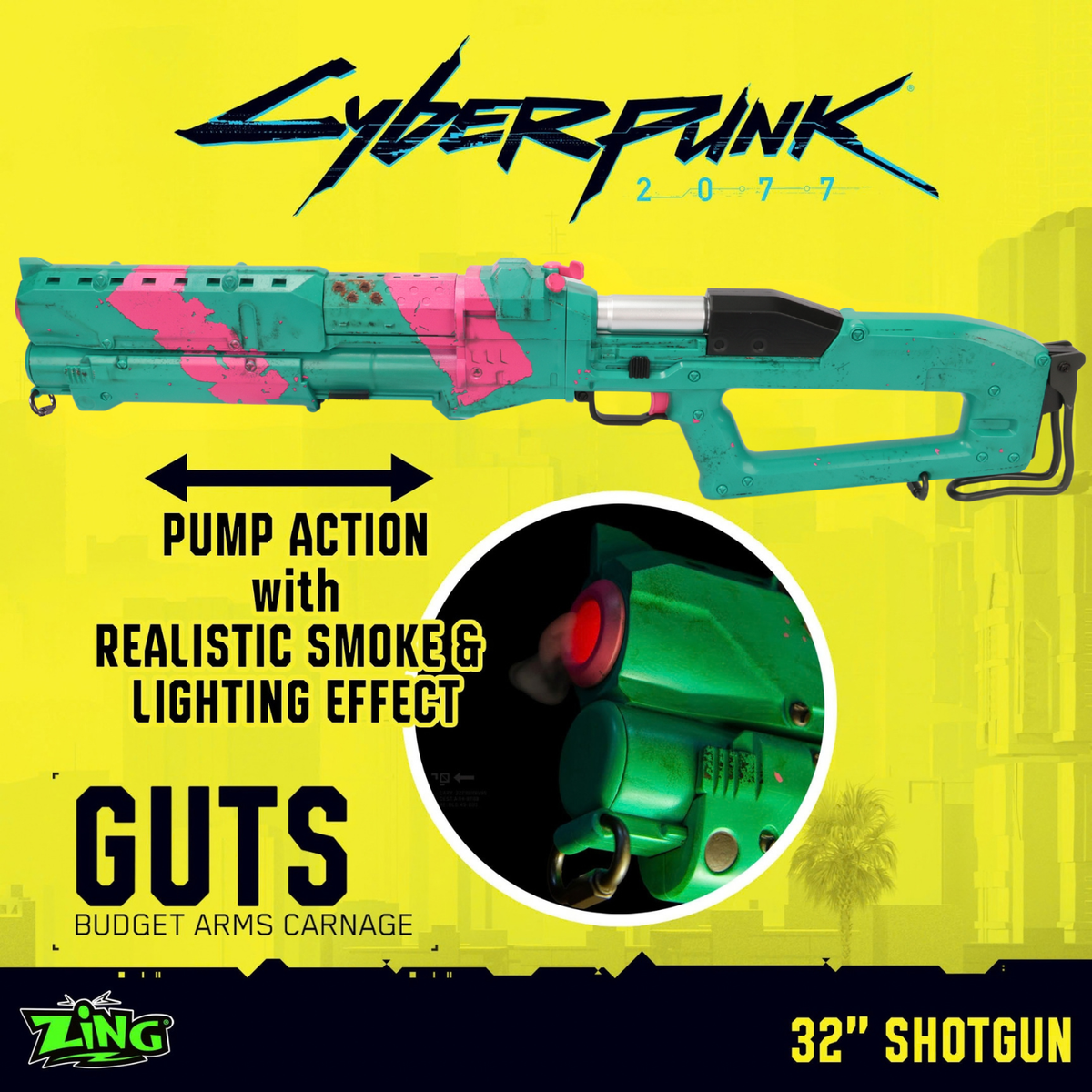 Cyberpunk 2077 GUTS 1:1 Scale Shotgun Replica – 32 Inch Prop with Pump Action, Light Sound Smoke FX & Display Stand