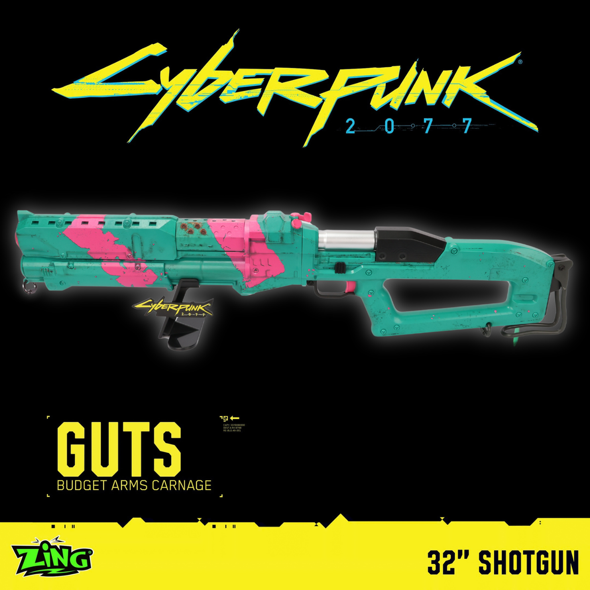 Cyberpunk 2077 GUTS 1:1 Scale Shotgun Replica – 32 Inch Prop with Pump Action, Light Sound Smoke FX & Display Stand
