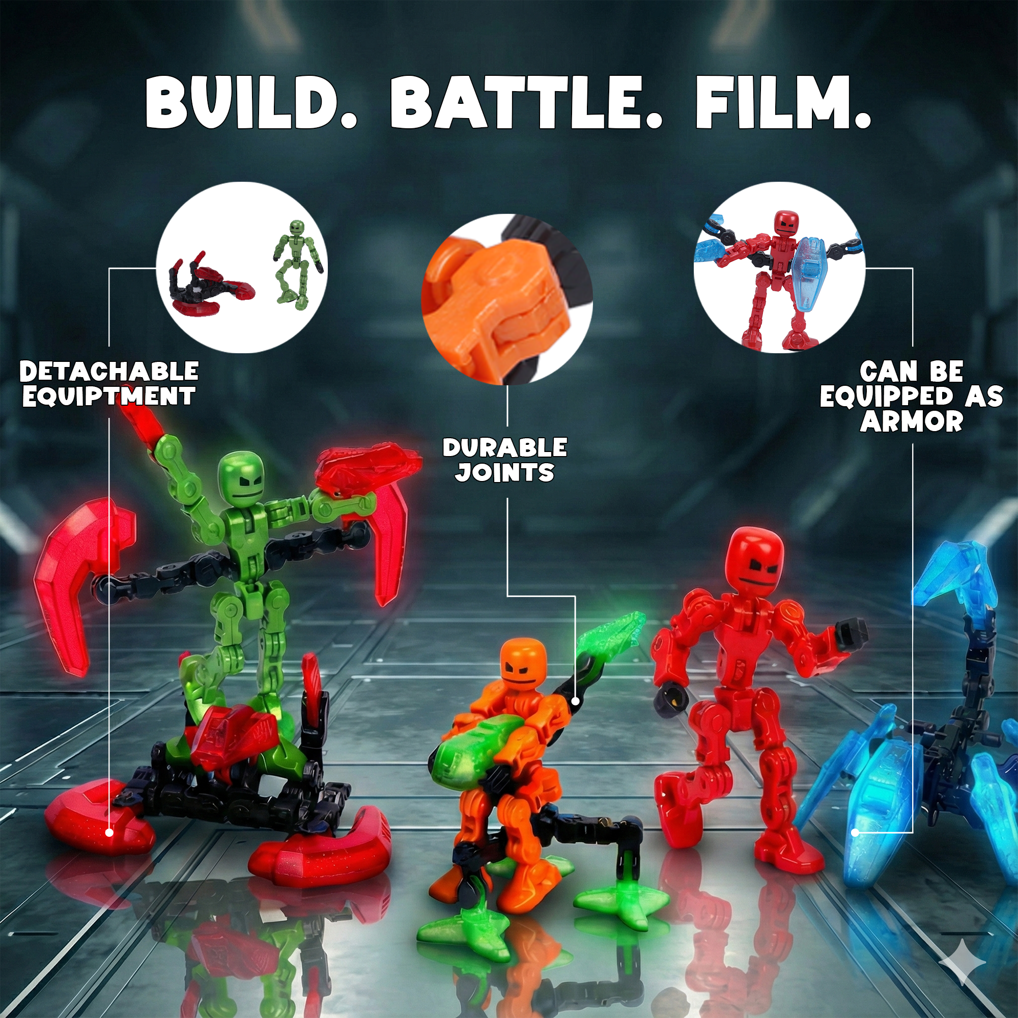 KlikBot Defenders 3-Pack | Action Figure Set with Metallic Colors, Clear Glitter Accessories & Suction Cups | Stop-Motion Animation Toys for Kids