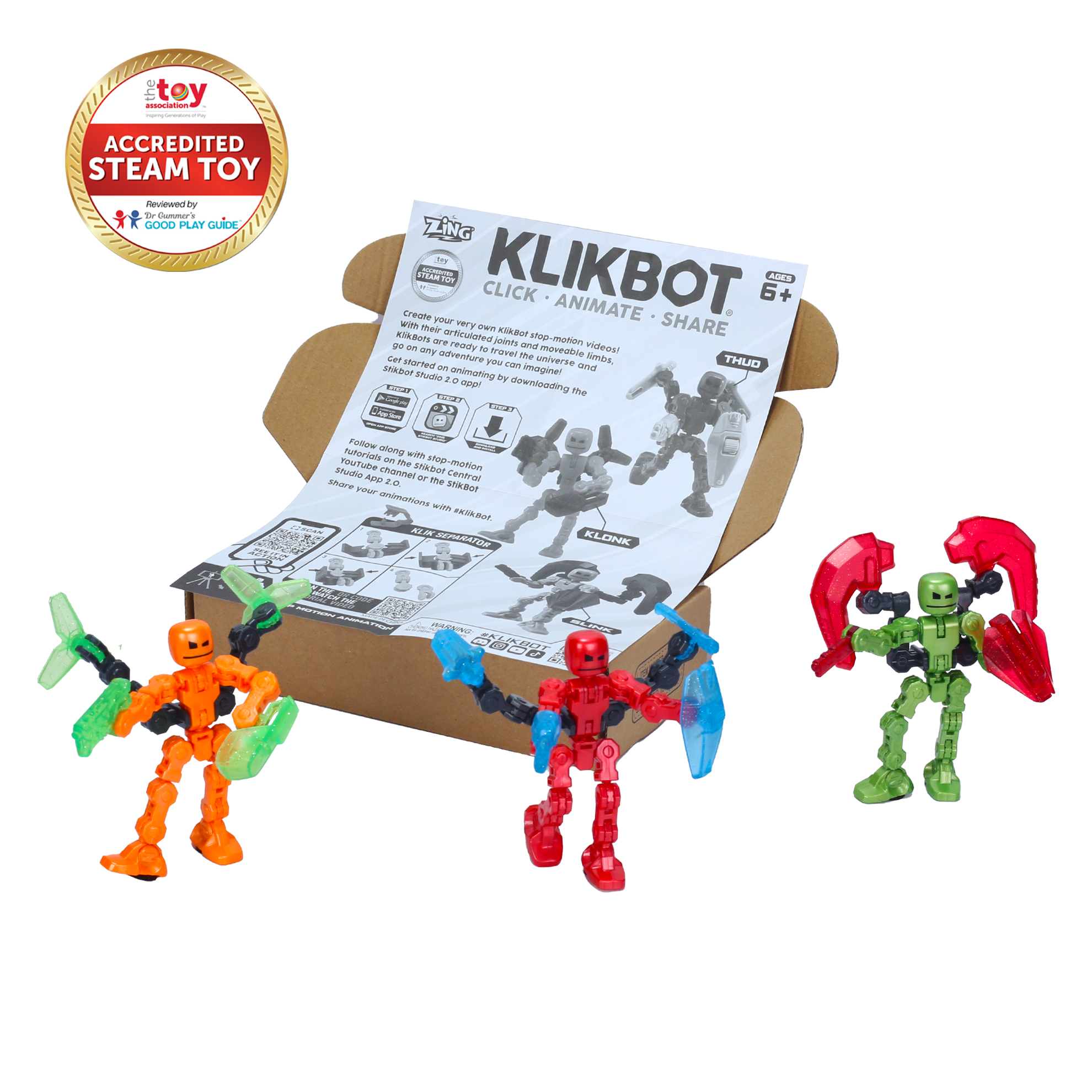 KlikBot Defenders 3-Pack | Action Figure Set with Metallic Colors, Clear Glitter Accessories & Suction Cups | Stop-Motion Animation Toys for Kids