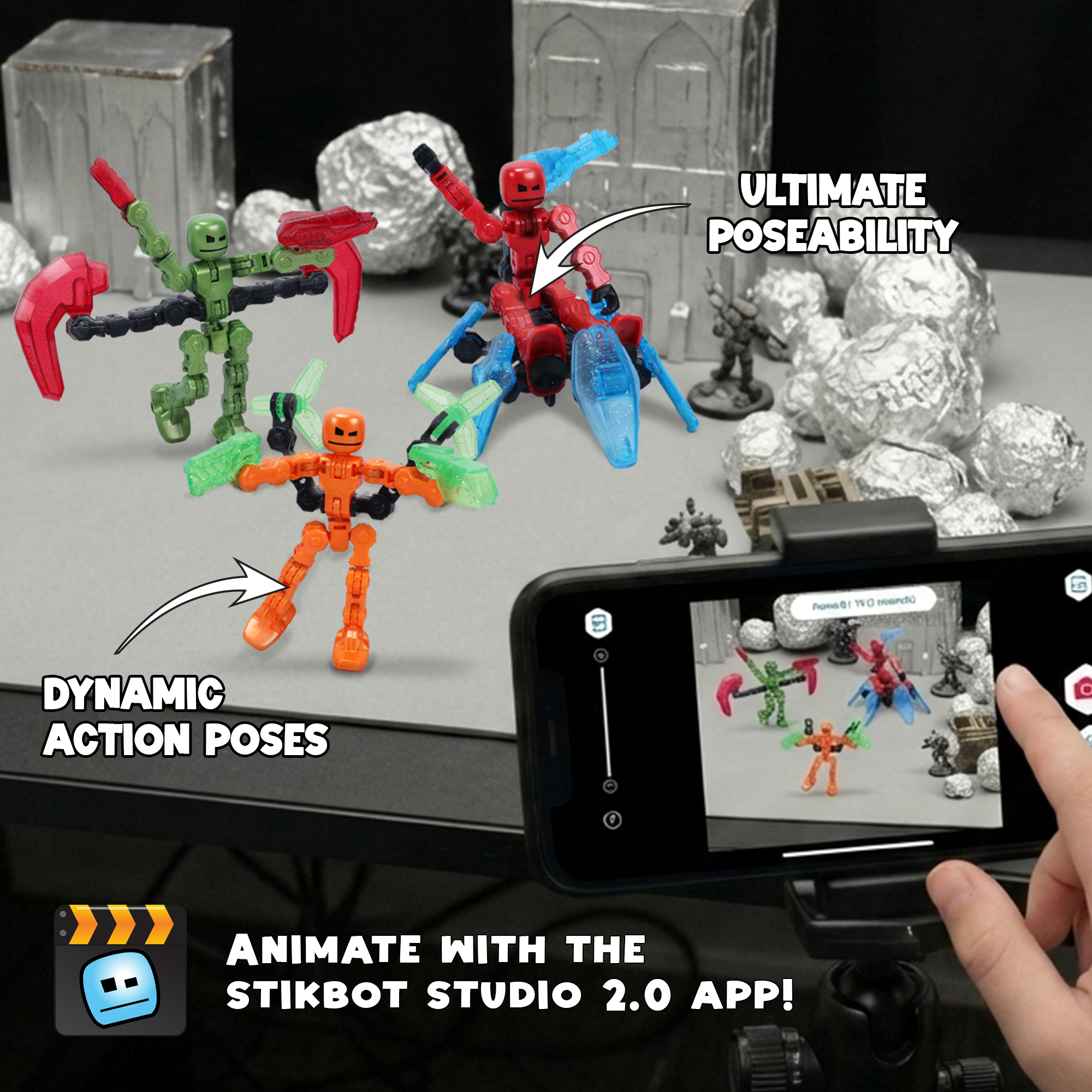 KlikBot Defenders 3-Pack | Action Figure Set with Metallic Colors, Clear Glitter Accessories & Suction Cups | Stop-Motion Animation Toys for Kids