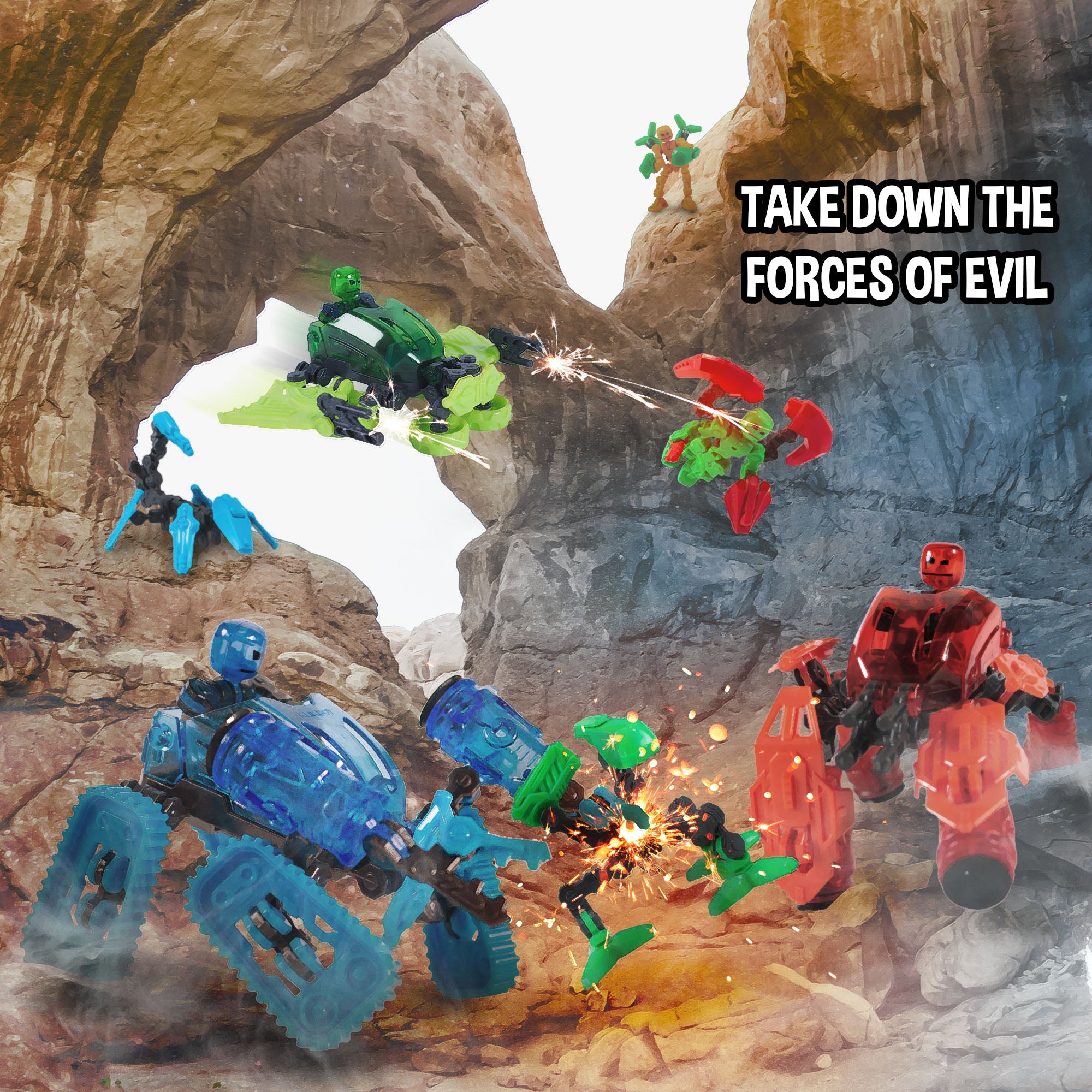 KlikBot Megabot vehicles and figures battling in rocky canyon action scene
