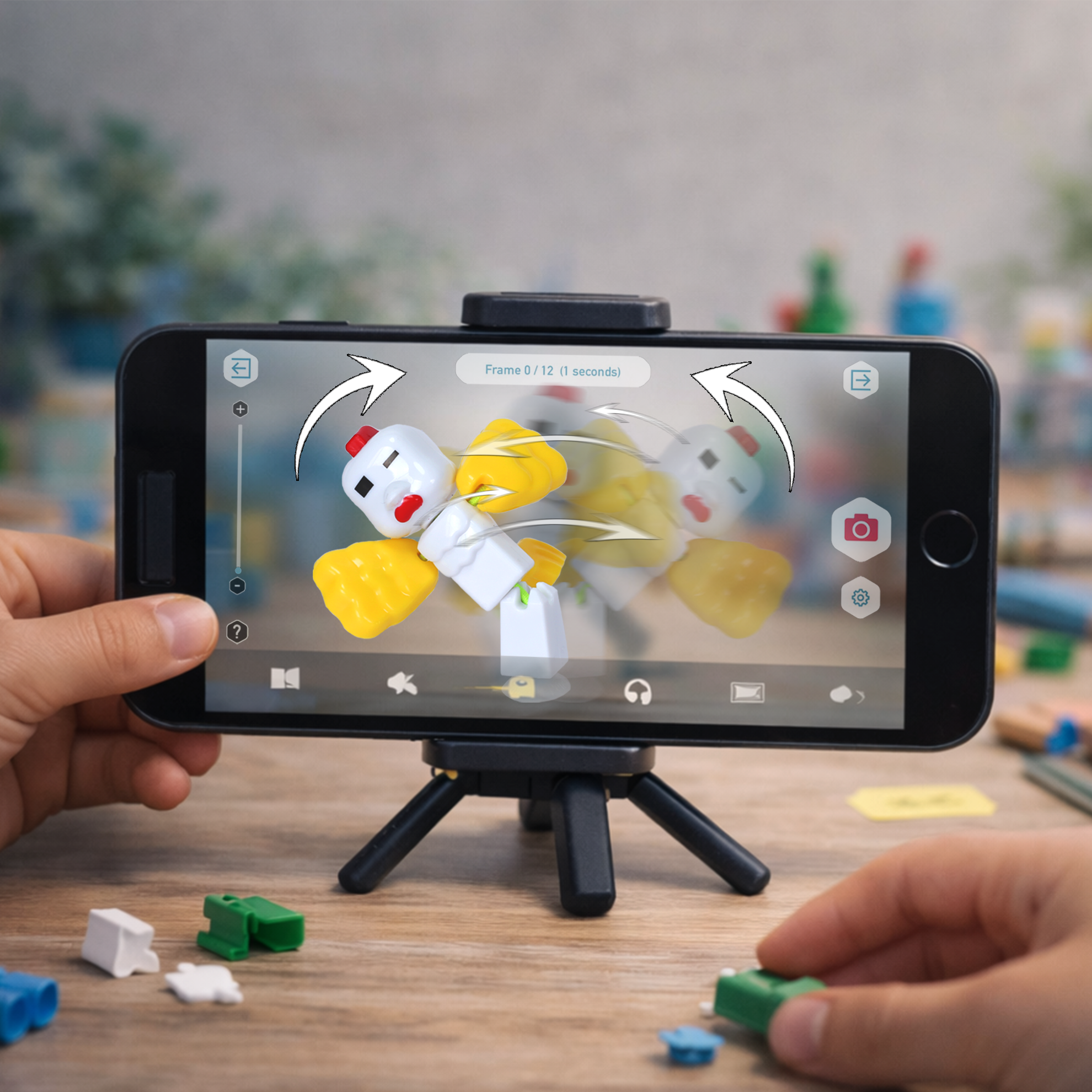 Creating stop motion animation with KlikBot CluckBot figure using smartphone and tripod