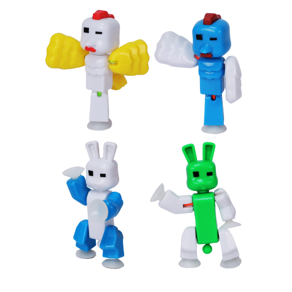 KlikBot CluckBot and BunnyBot figures in four color variants