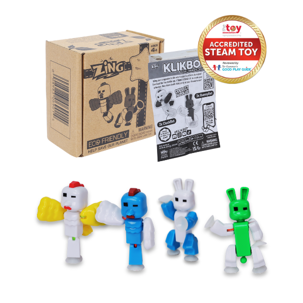 KlikBot CluckBot and BunnyBot toy set with box, instruction sheet, and four figures