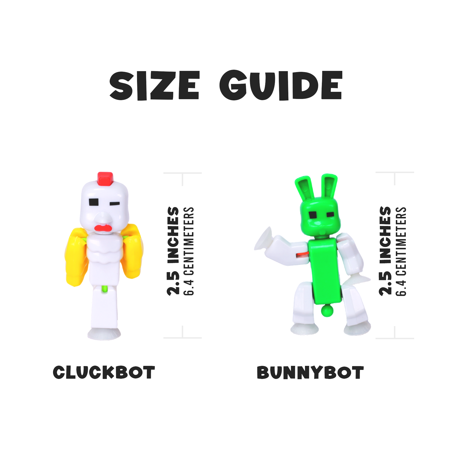 Size guide comparing CluckBot and BunnyBot KlikBot figures