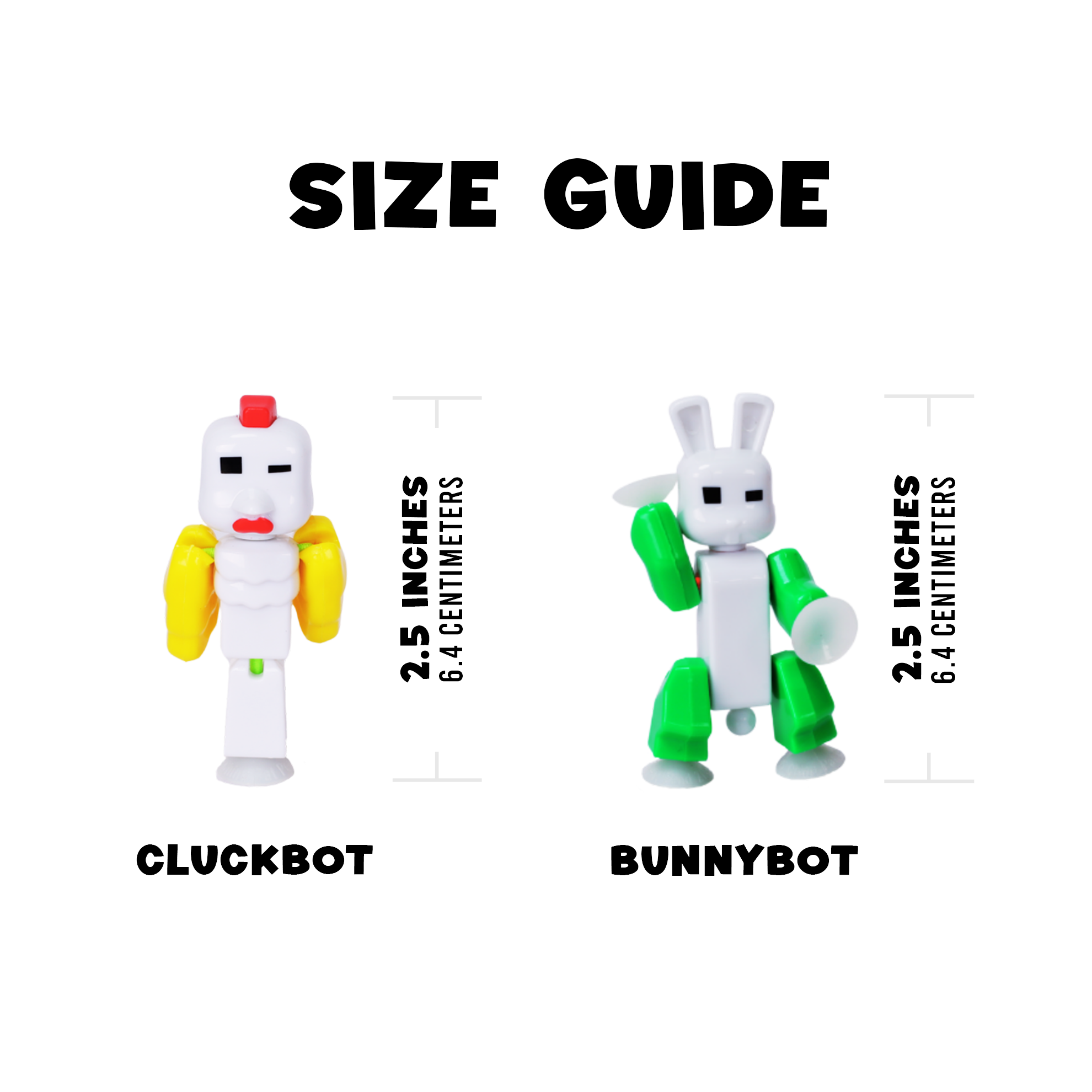Size guide comparing CluckBot and BunnyBot StikBot figures