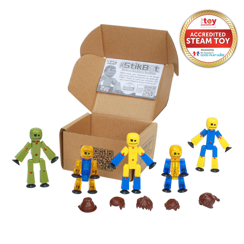 Stikbot Special Family Pack - Pack of 3 Stikbots, 2 Stikbot Juniors & Hair Accessories
