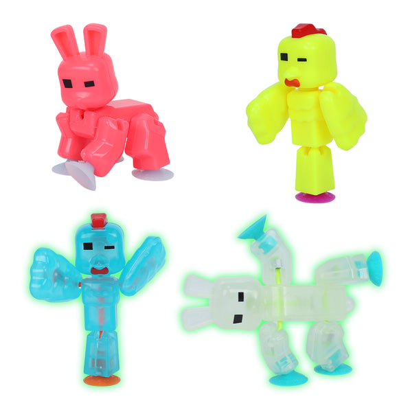 Stikbot Special Animal Pack - Set of 2 Chickens and 2 Bunnies, Exclusive Neon & Glow in the dark Colors