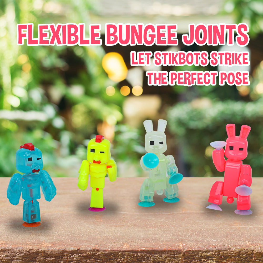 Stikbot Special Animal Pack - Set of 2 Chickens and 2 Bunnies, Exclusive Neon & Glow in the dark Colors