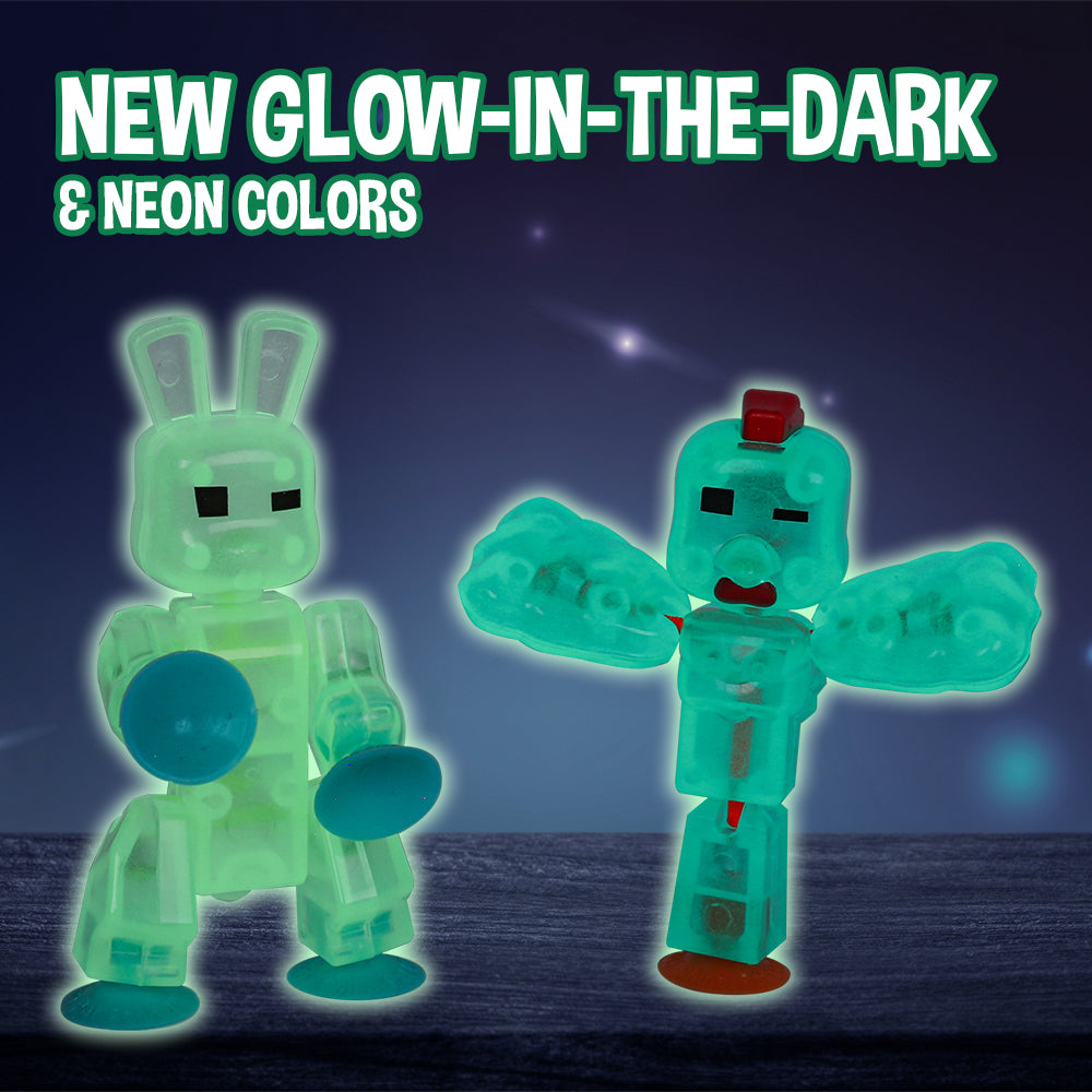 Stikbot Special Animal Pack - Set of 2 Chickens and 2 Bunnies, Exclusive Neon & Glow in the dark Colors