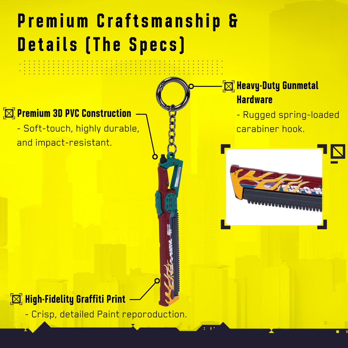 Cyberpunk 2077 Cut-O-Matic chainsword keychain detail view showing PVC construction, gunmetal hardware, and printed design