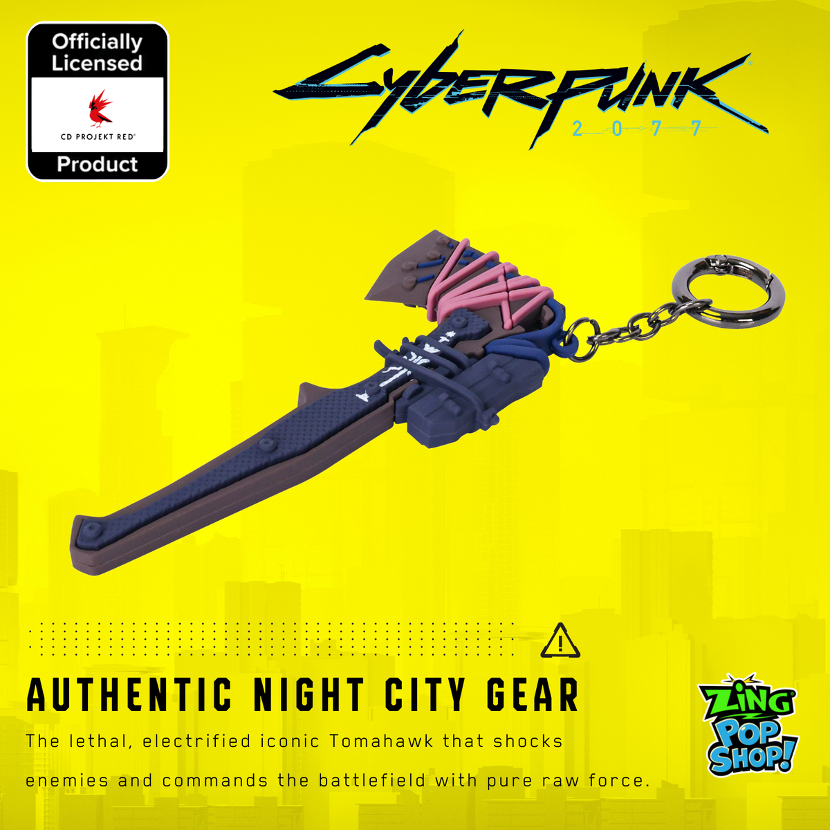 Officially licensed Cyberpunk 2077 Cut-O-Matic chainsword PVC keychain on yellow Night City themed background