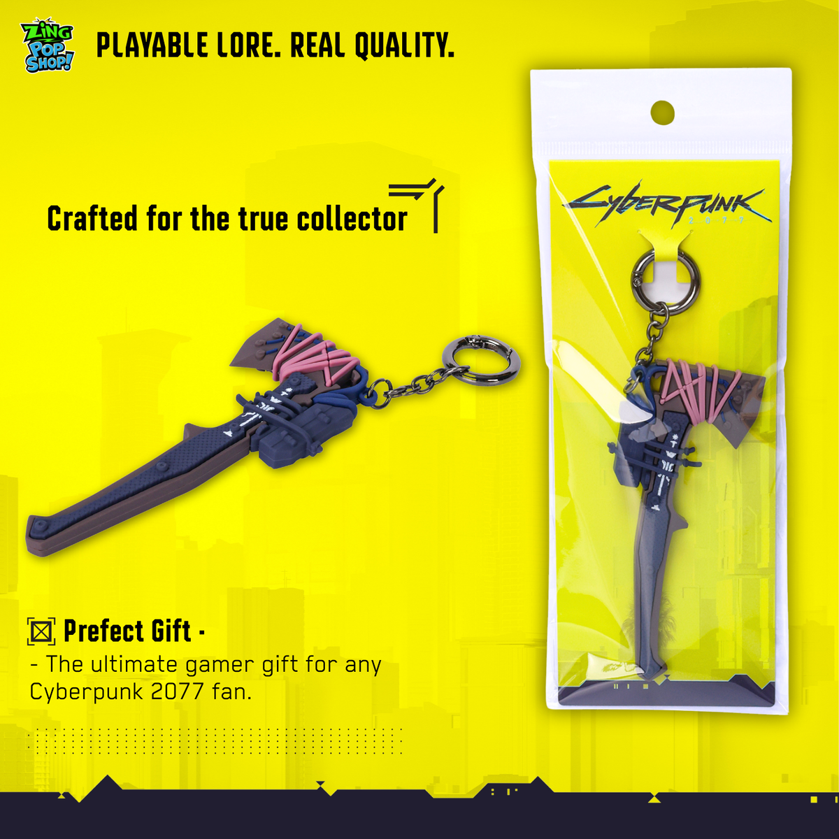 Cyberpunk 2077 Cut-O-Matic chainsword PVC keychain with retail packaging on yellow Night City themed background