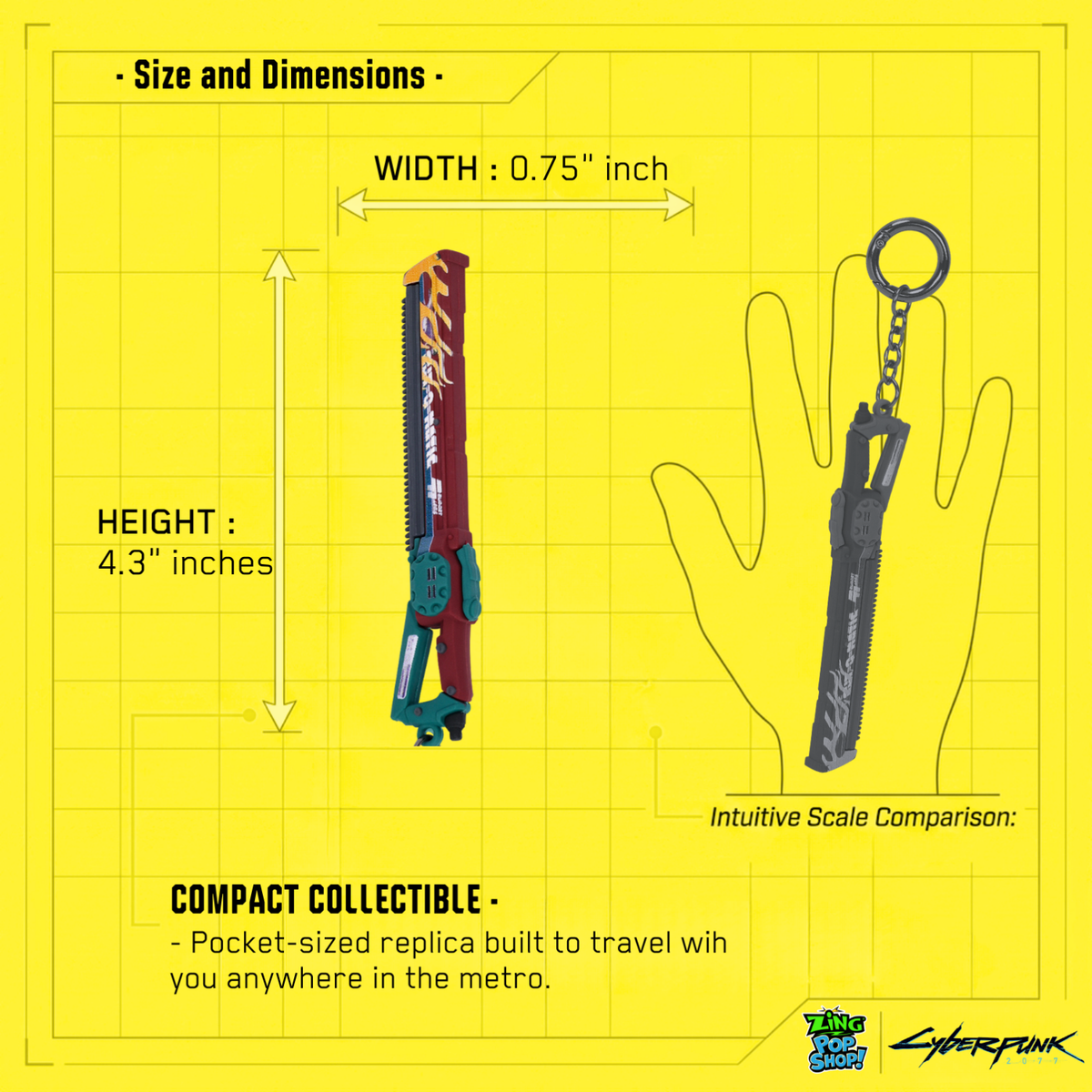Cyberpunk 2077 Cut-O-Matic chainsword keychain size and dimension guide with hand scale comparison