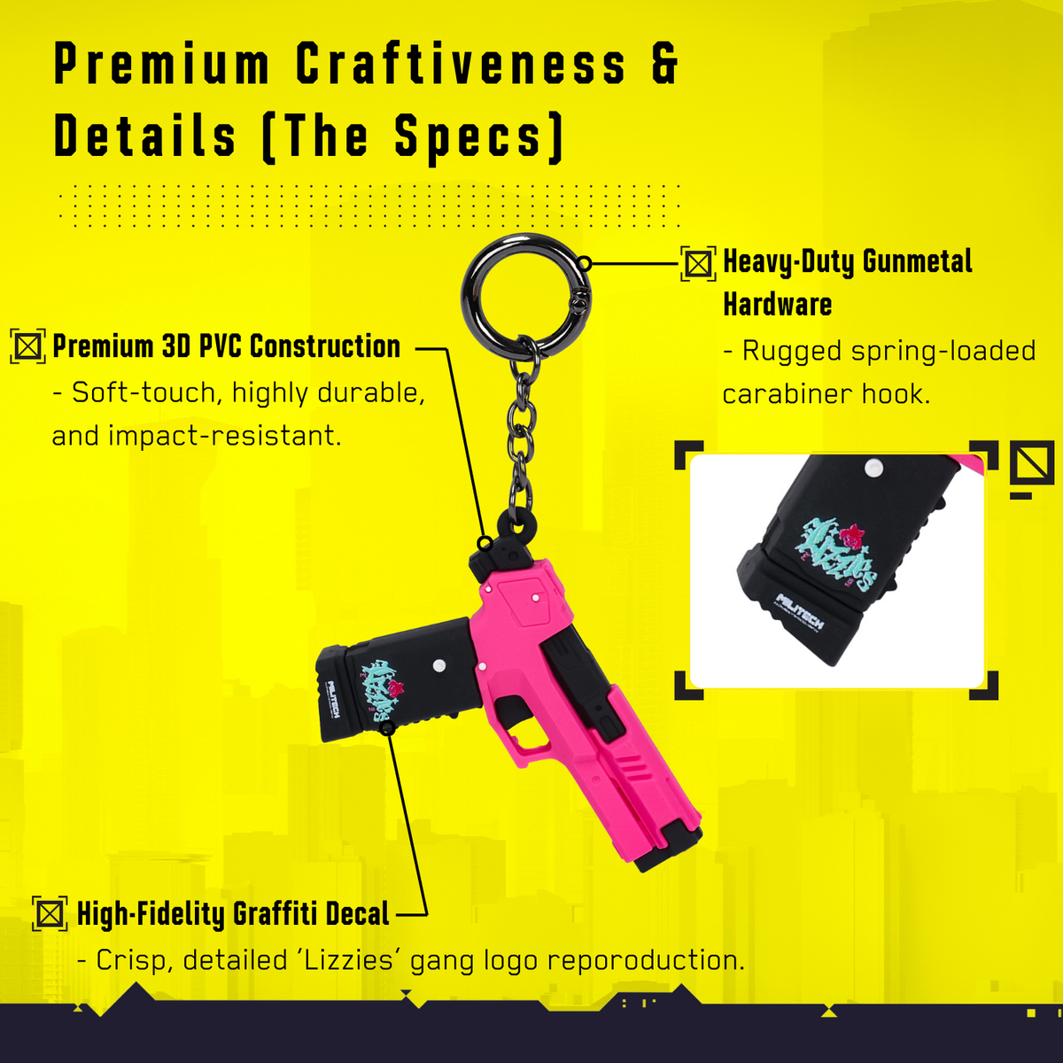 Cyberpunk 2077 Lizzie pistol keychain close-up showing PVC details, decal, and metal hardware