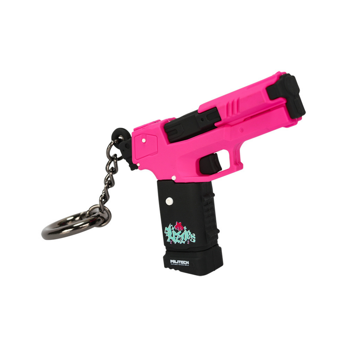 Pink Cyberpunk 2077 Lizzie pistol 3D PVC keychain with black grip and metal key ring