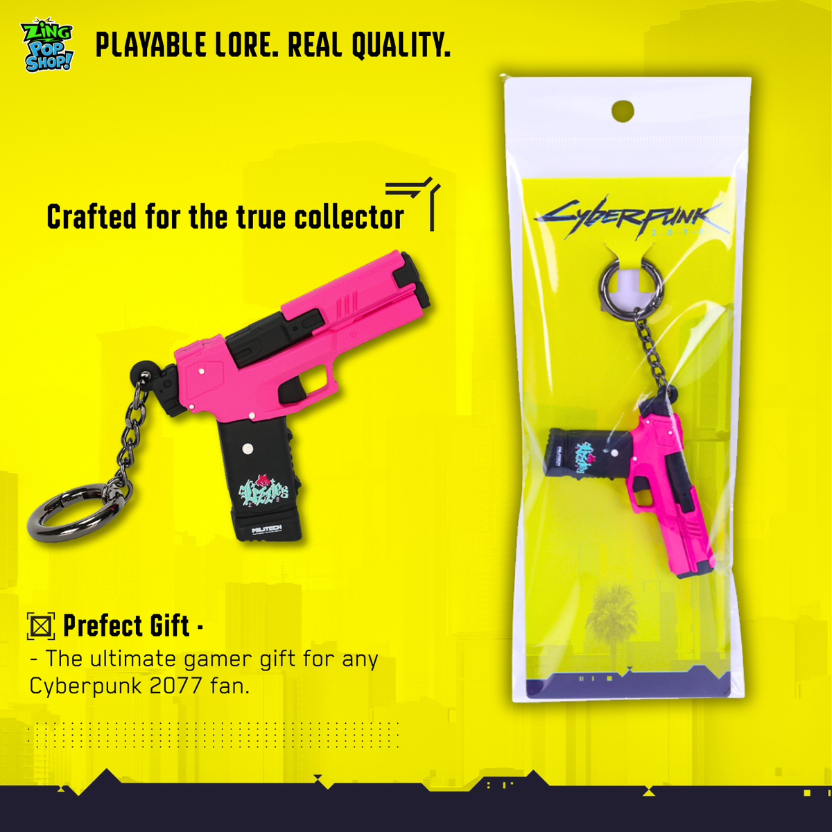 Cyberpunk 2077 Lizzie pistol 3D PVC keychain with retail packaging on yellow collector graphic