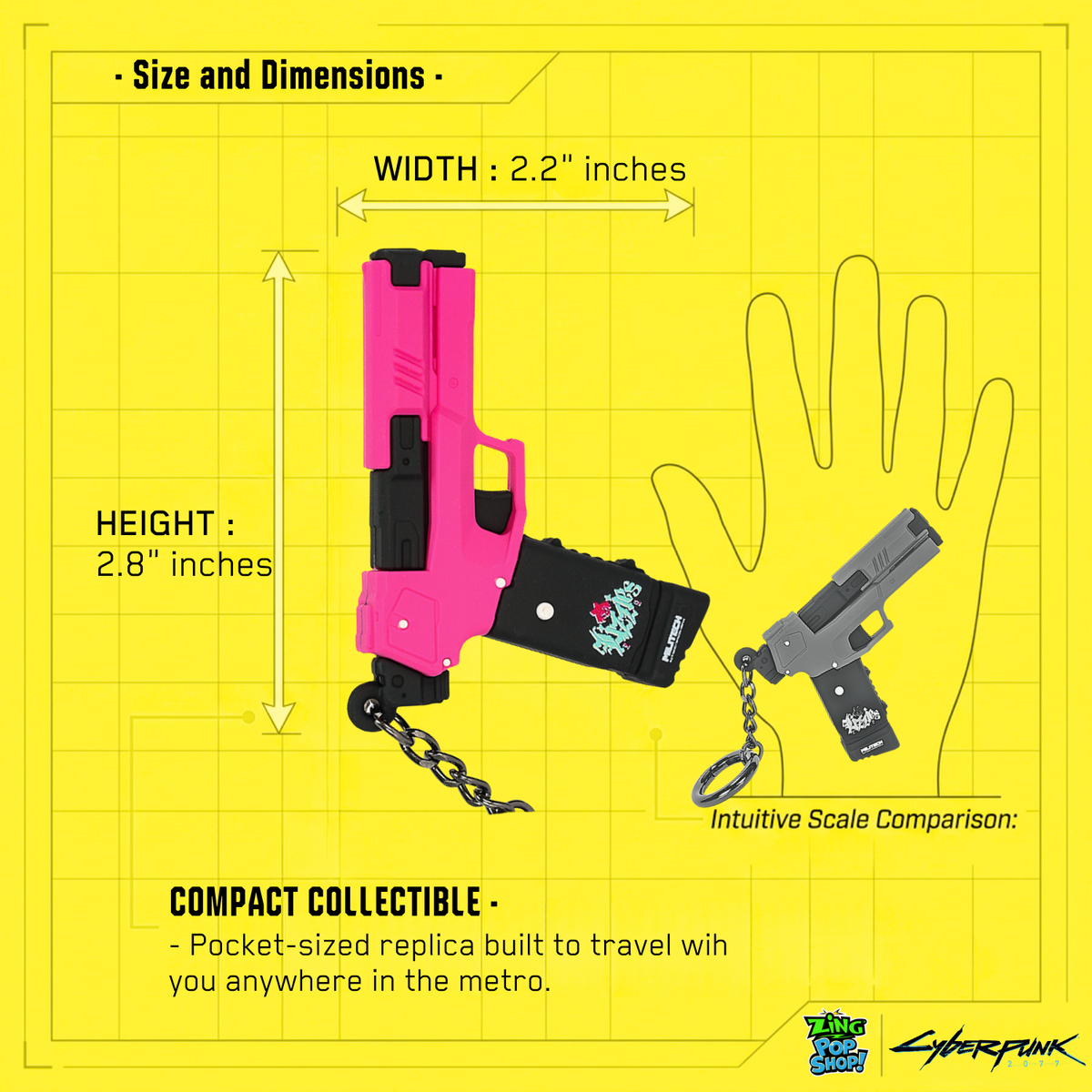 Cyberpunk 2077 Lizzie pistol keychain size guide showing 2.8 inch height and 2.2 inch width