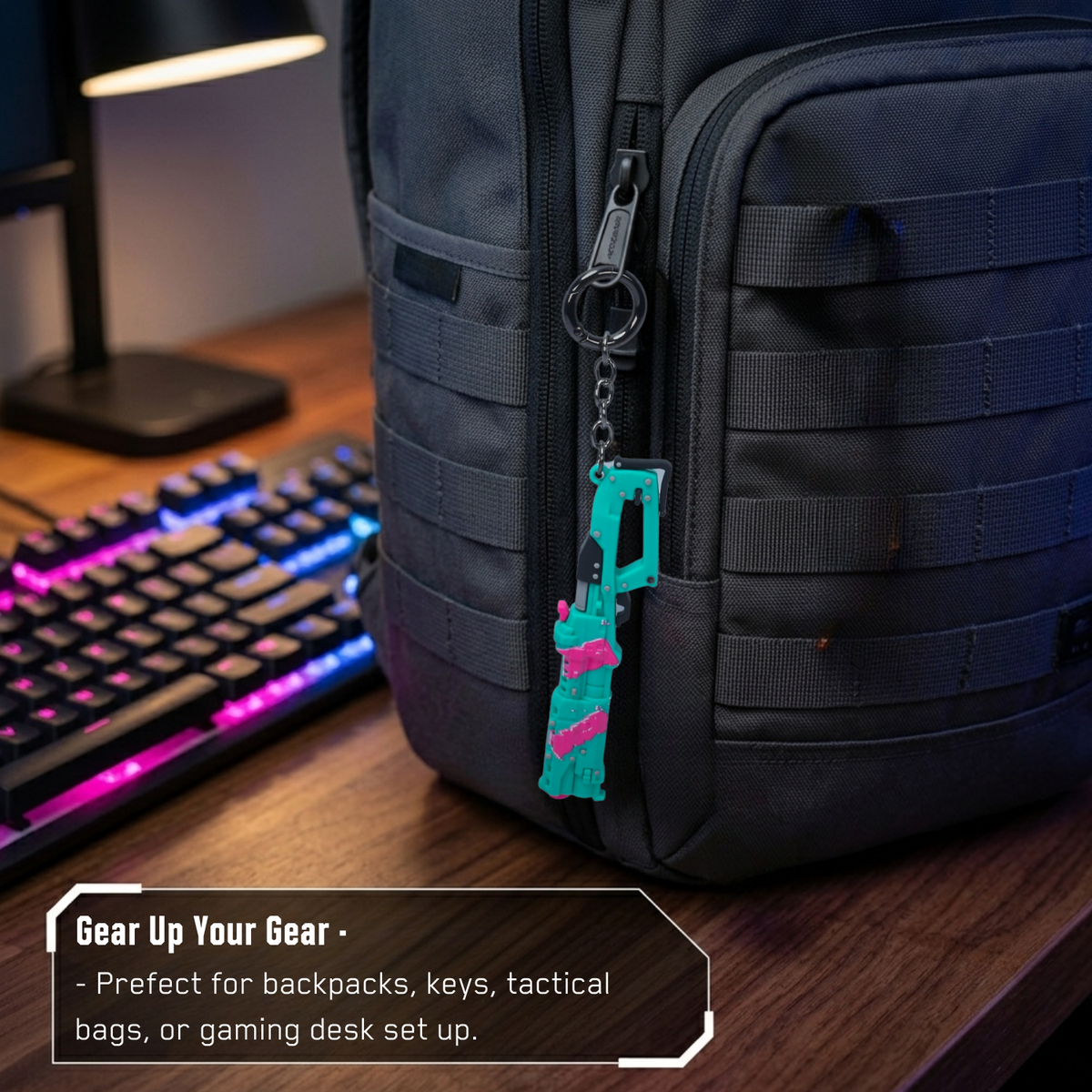 Cyberpunk 2077 Rebecca shotgun keychain clipped to a backpack beside a gaming keyboard