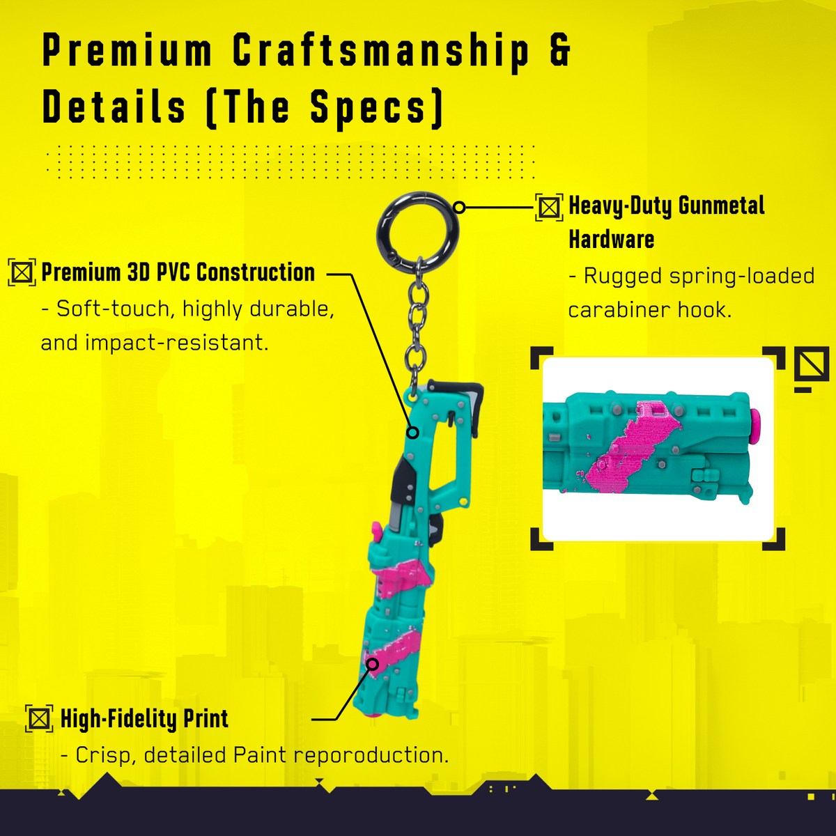 Cyberpunk 2077 Rebecca shotgun keychain details showing PVC construction, metal hardware, and printed paint design