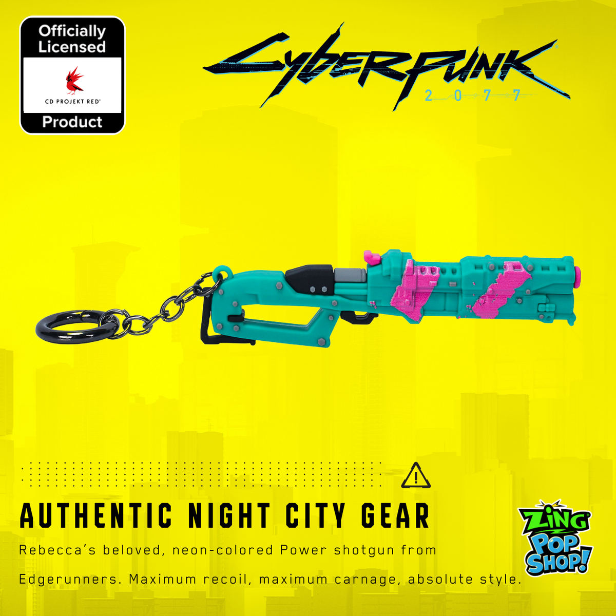 Officially licensed Cyberpunk 2077 Rebecca shotgun keychain on yellow Night City background