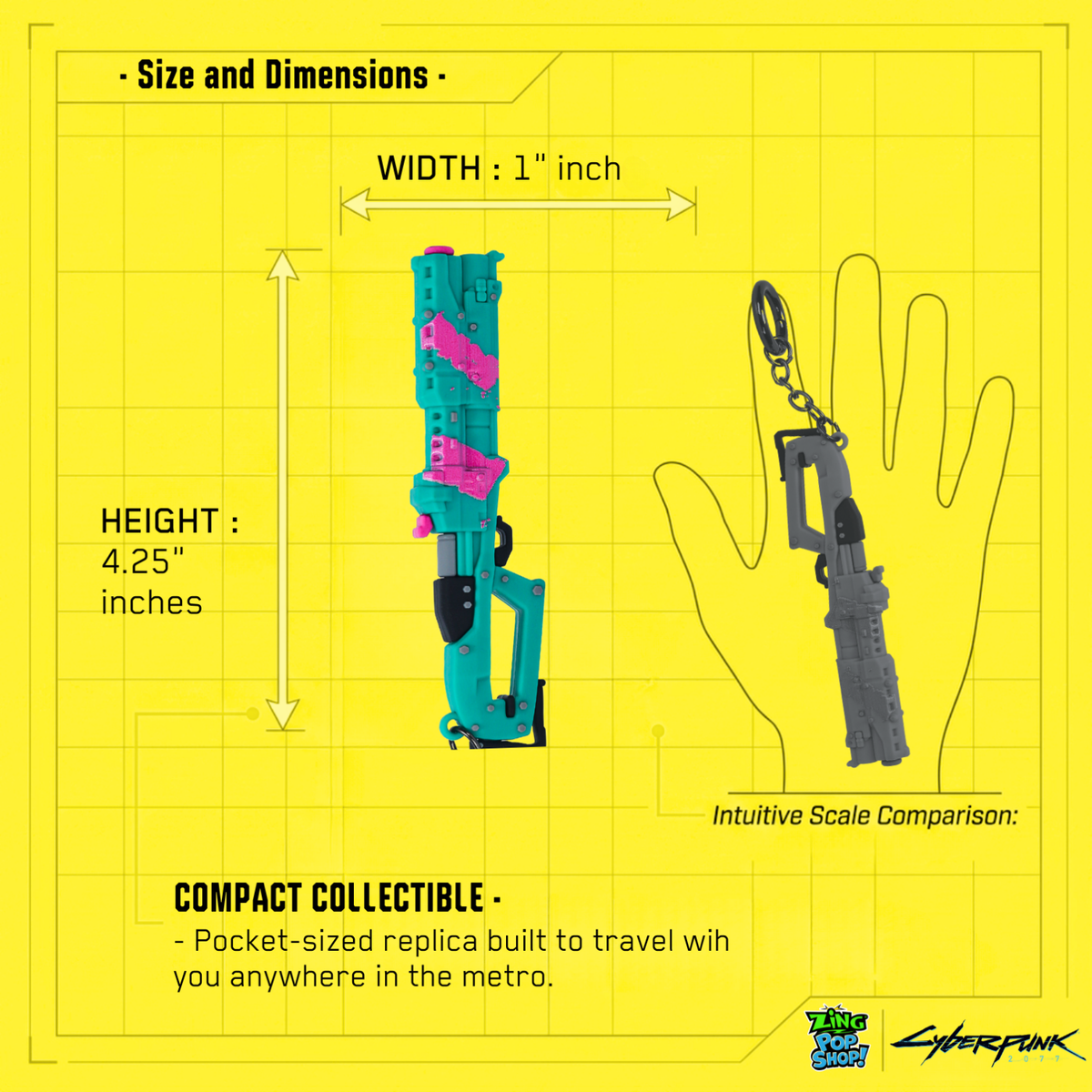 Cyberpunk 2077 Rebecca shotgun 3D PVC keychain with retail packaging on yellow Night City background