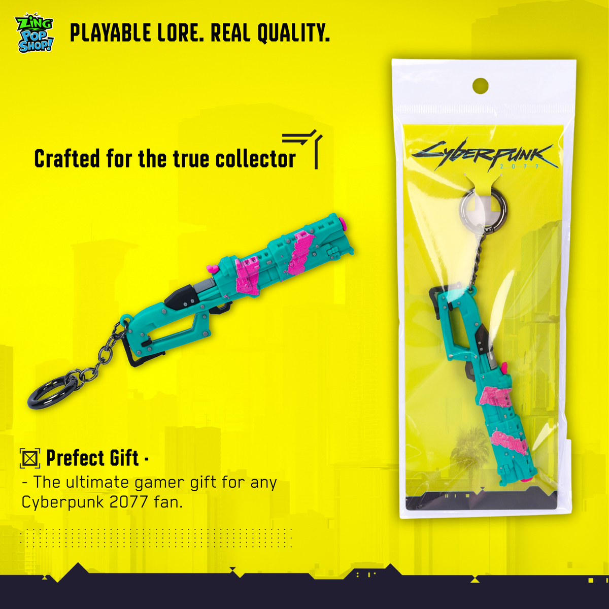 Cyberpunk 2077 Rebecca shotgun 3D PVC keychain with retail packaging on yellow Night City background