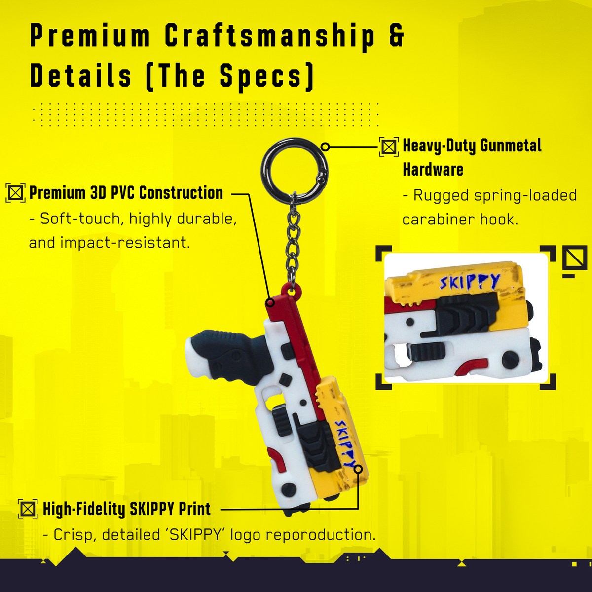 Cyberpunk 2077 Skippy pistol keychain close-up showing PVC details, SKIPPY print, and metal hardware