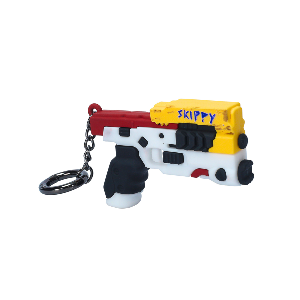 Cyberpunk 2077 Skippy pistol 3D PVC keychain with white, yellow, red, and black details