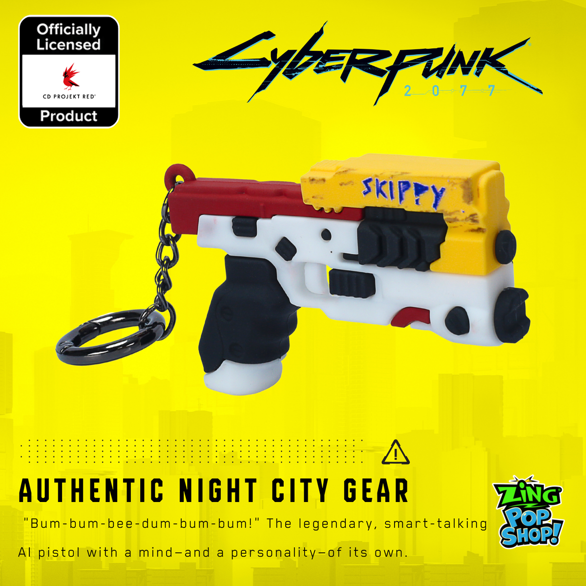 Officially licensed Cyberpunk 2077 Skippy pistol keychain on yellow Night City graphic