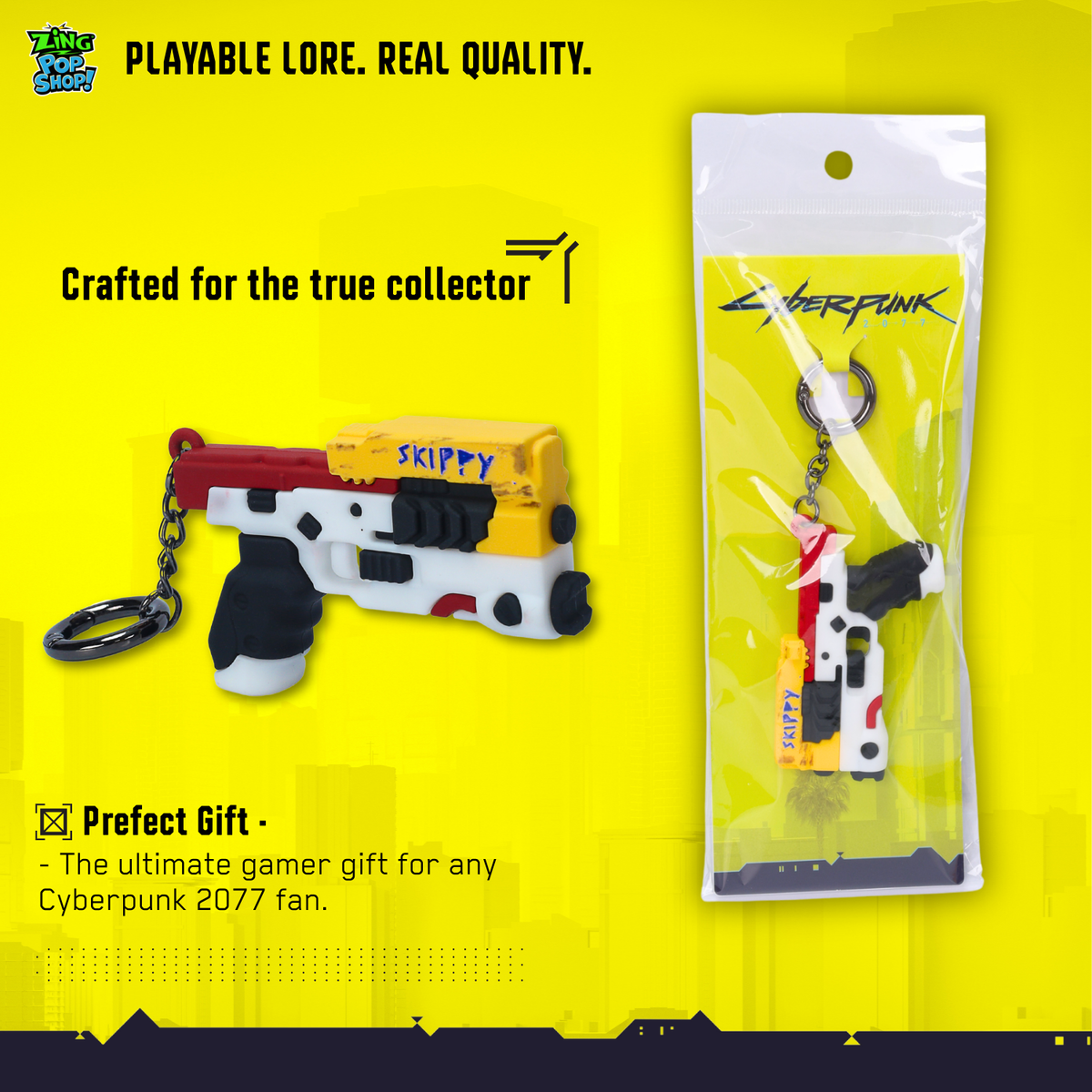 Cyberpunk 2077 Skippy pistol 3D PVC keychain with retail packaging on yellow collector graphic