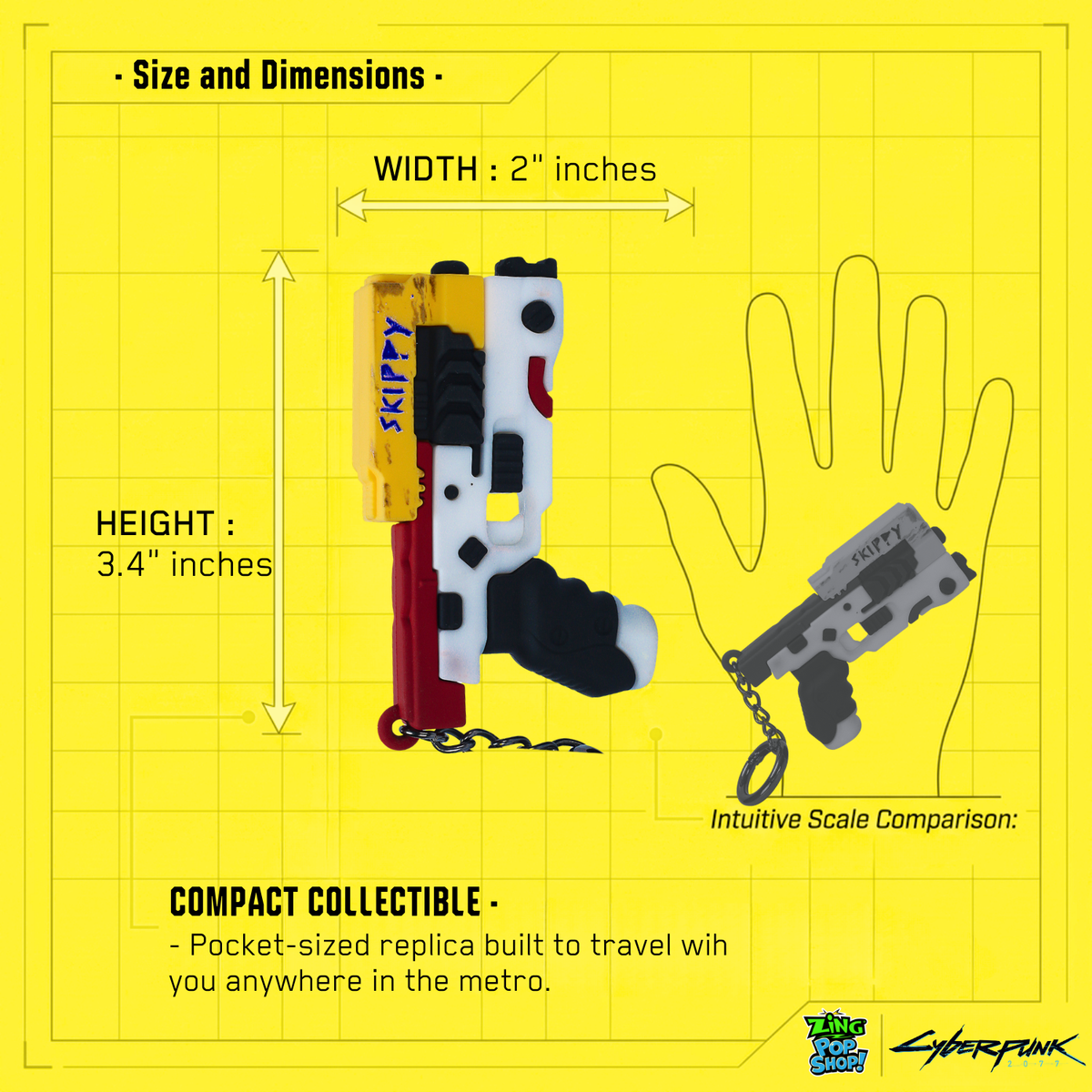 Cyberpunk 2077 Skippy pistol keychain size guide showing 3.4 inch height and 2 inch width