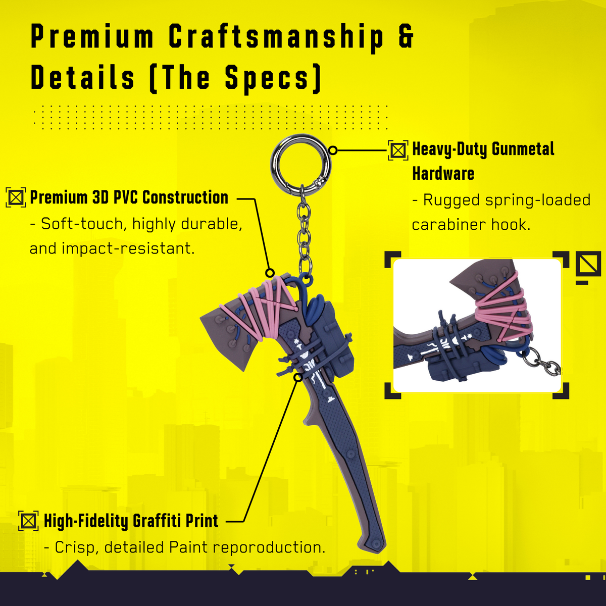 Cyberpunk 2077 Tomahawk keychain detail view showing PVC construction, gunmetal hardware, and graffiti print