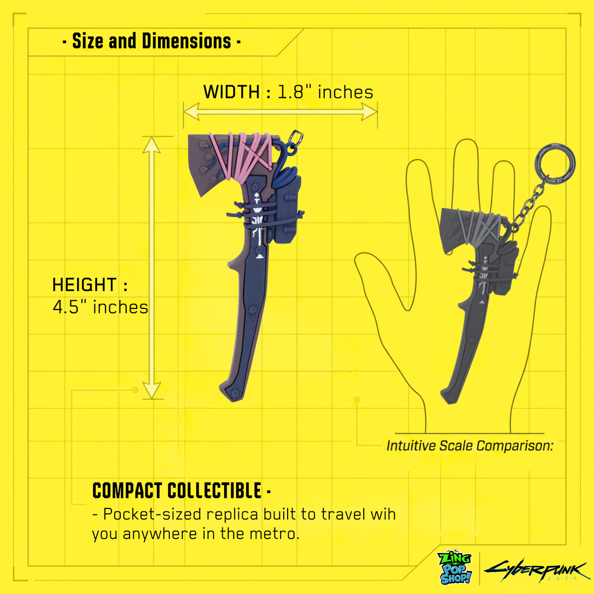 Cyberpunk 2077 Tomahawk PVC keychain size and dimension guide with hand scale comparison