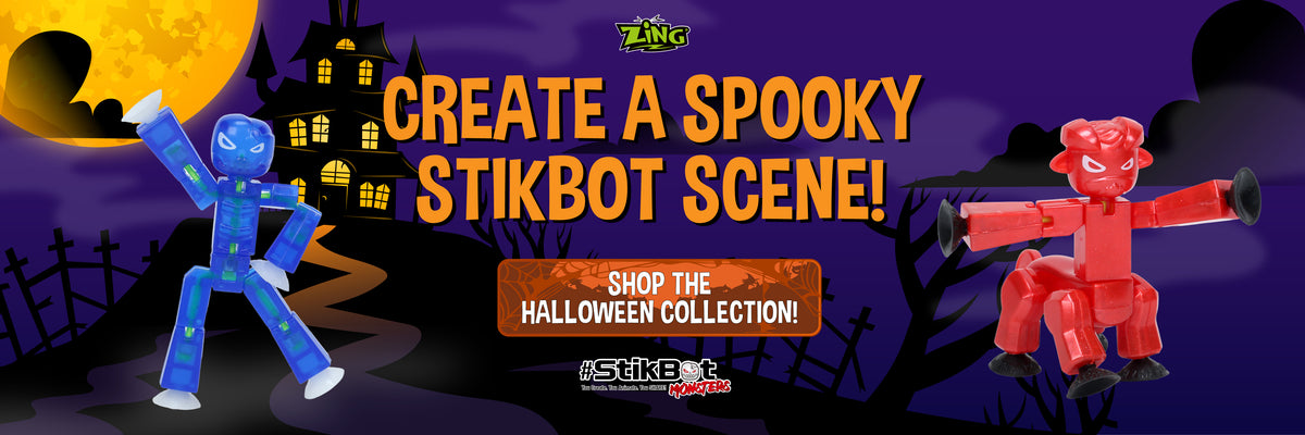 StikBot Monsters Grim and Kyron in a spooky Halloween scene promoting the Halloween Collection.