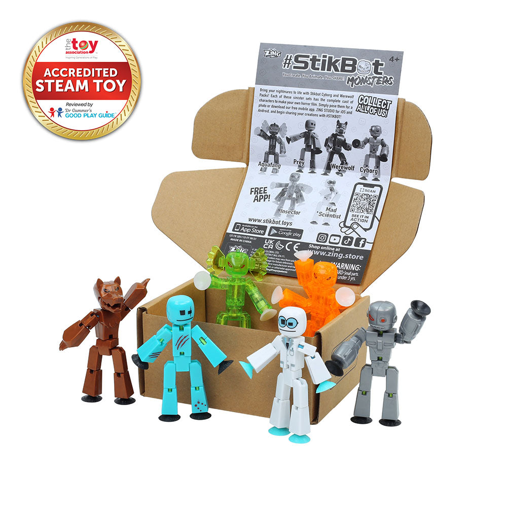 stikbot monsters box Stikbot Monster Cyborg & Werewolf Pack, Set of 6 Action Figures for Stop Motion Animation